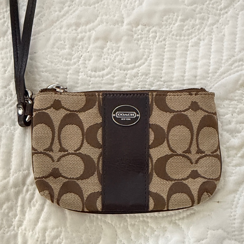 Coach Signature Brown and Tan Wristlet